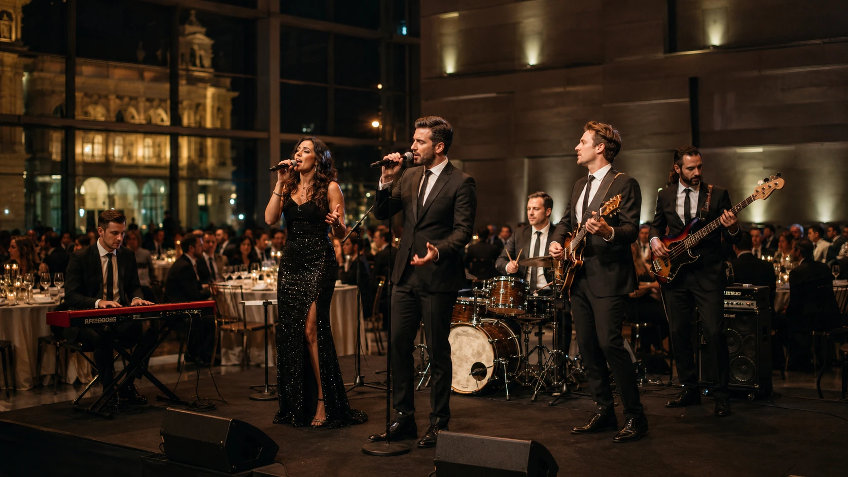 Symbolische Darstellung einer mittleren Corporate-Eventband von The Jetset Society mit Sänger, Gitarre, Bass und Schlagzeug