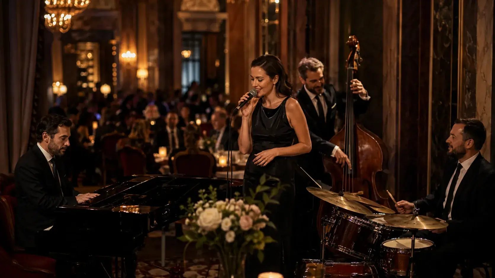 Symbolische Darstellung einer Dinner-Jazzband von The Jetset Society mit Sängerin, Piano, Kontrabass und Schlagzeug bei einem festlichen Abend im Ballsaal