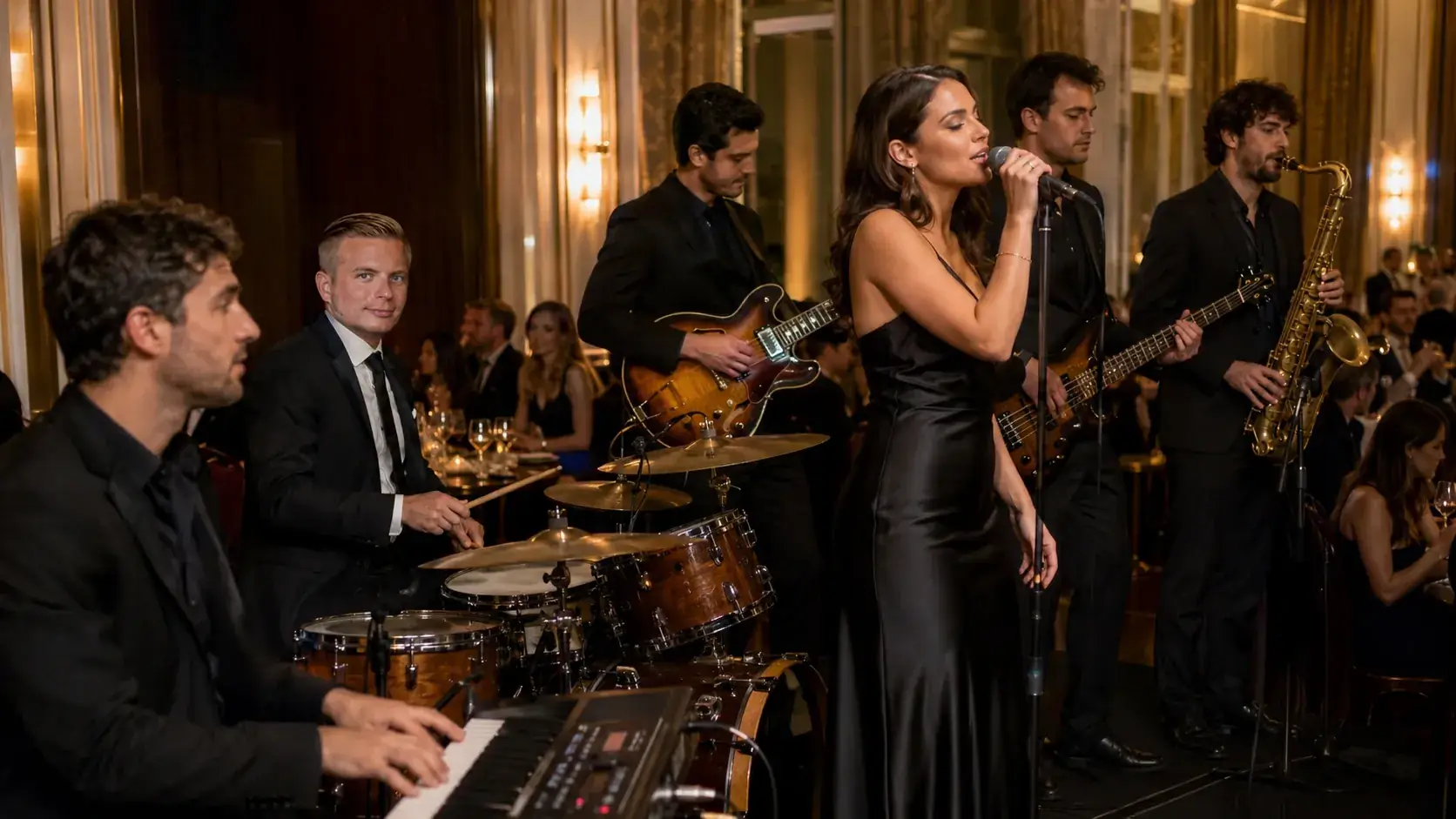 Stylised illustration of a dinner band by The Jetset Society with singer, saxophone and drums at a corporate event