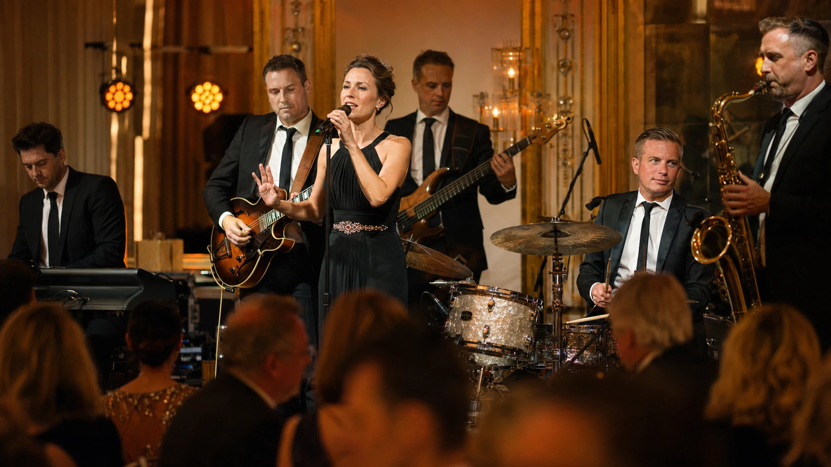 Symbolische Darstellung einer kompakten Eventband von The Jetset Society mit Sängerin, Gitarre, Bass, Schlagzeug und Saxophon
