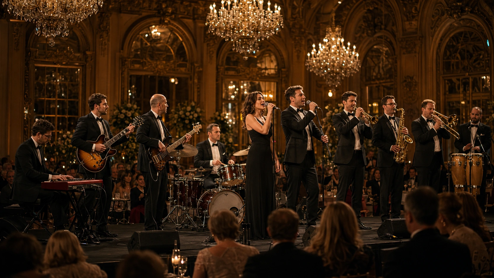 Symbolische Darstellung einer Galaband von The Jetset Society im Ballsaal mit Hornsection und Live-Musik