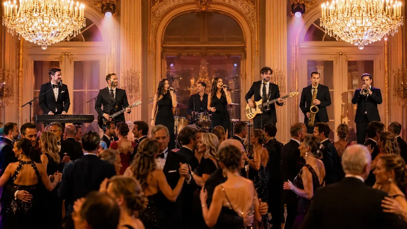 Symbolische Darstellung einer Liveband von The Jetset Society auf der Bühne bei einem Tanzabend im Ballsaal