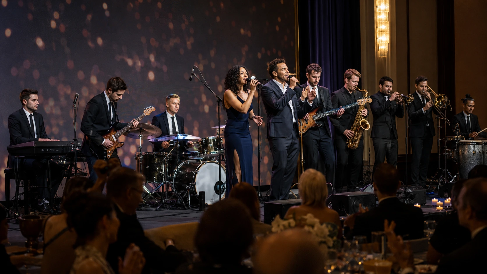 Symbolische Darstellung einer Gala-Besetzung von The Jetset Society mit großer Liveband, Sänger:innen und Bläsersection