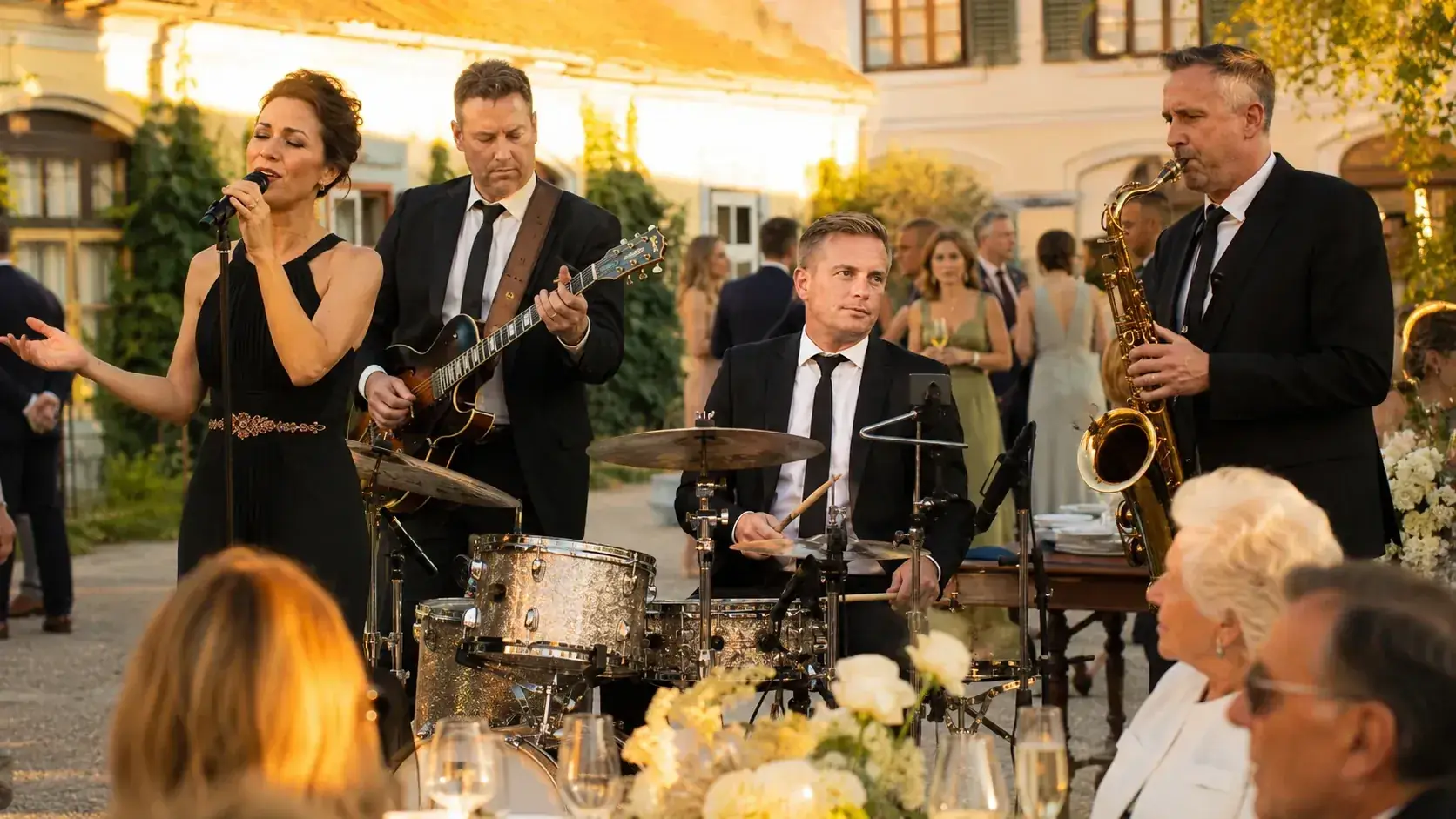 Stylised illustration of a live band by The Jetset Society at an outdoor reception with saxophone