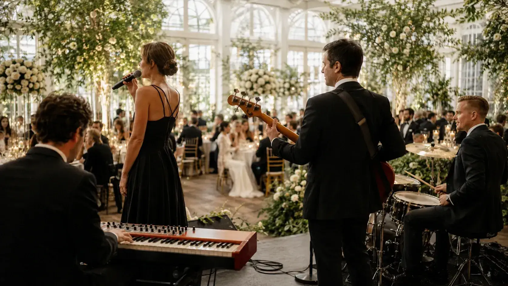 Stylised illustration of a wedding band by The Jetset Society during dinner with live music