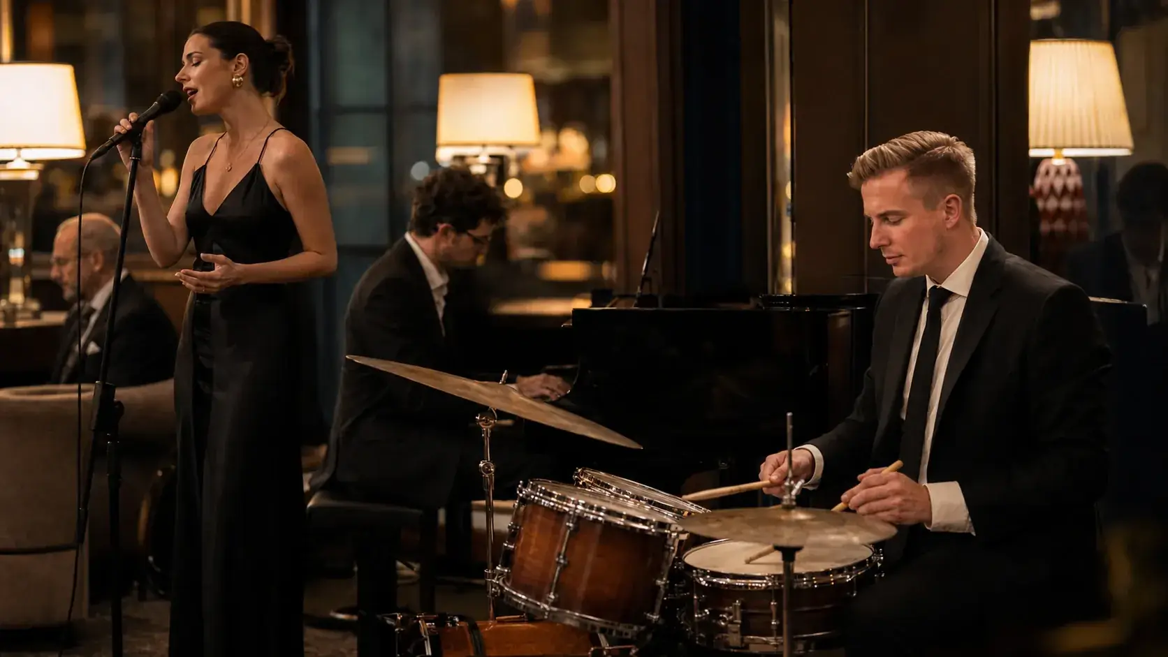 Stylised illustration of a jazz band by The Jetset Society with singer, piano and drums in a lounge