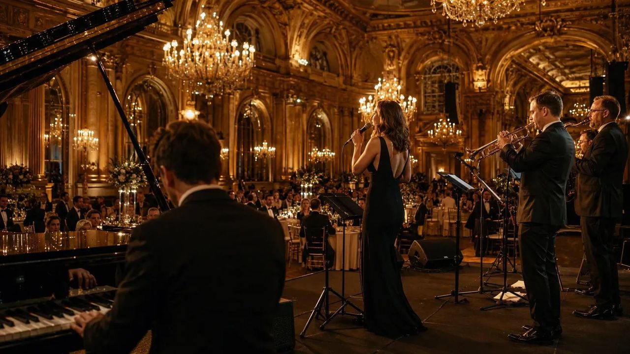 Symbolische Darstellung einer großen Liveband-Besetzung von The Jetset Society mit Sängerin, Piano und Bläsern im eleganten Ballsaal