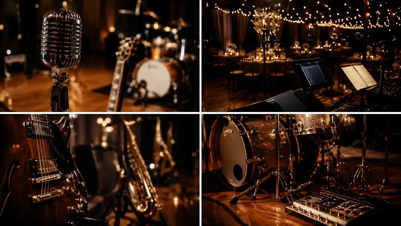 Stimmungsbild: Instrumente einer Liveband – Mikrofon, Gitarre, Saxophon und Schlagzeug im warmen Bühnenlicht