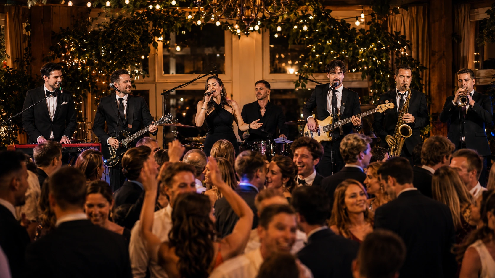 Symbolische Darstellung einer Partyband von The Jetset Society mit Live-Musik vor voller Tanzfläche