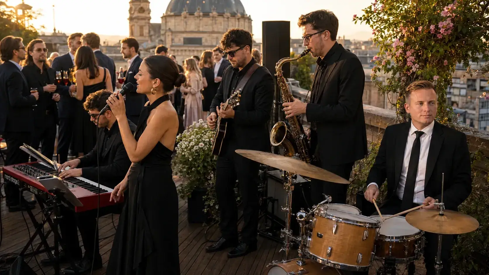 Symbolische Darstellung einer eleganten Besetzung von The Jetset Society bei einem Rooftop-Event mit Saxophon und Gitarre