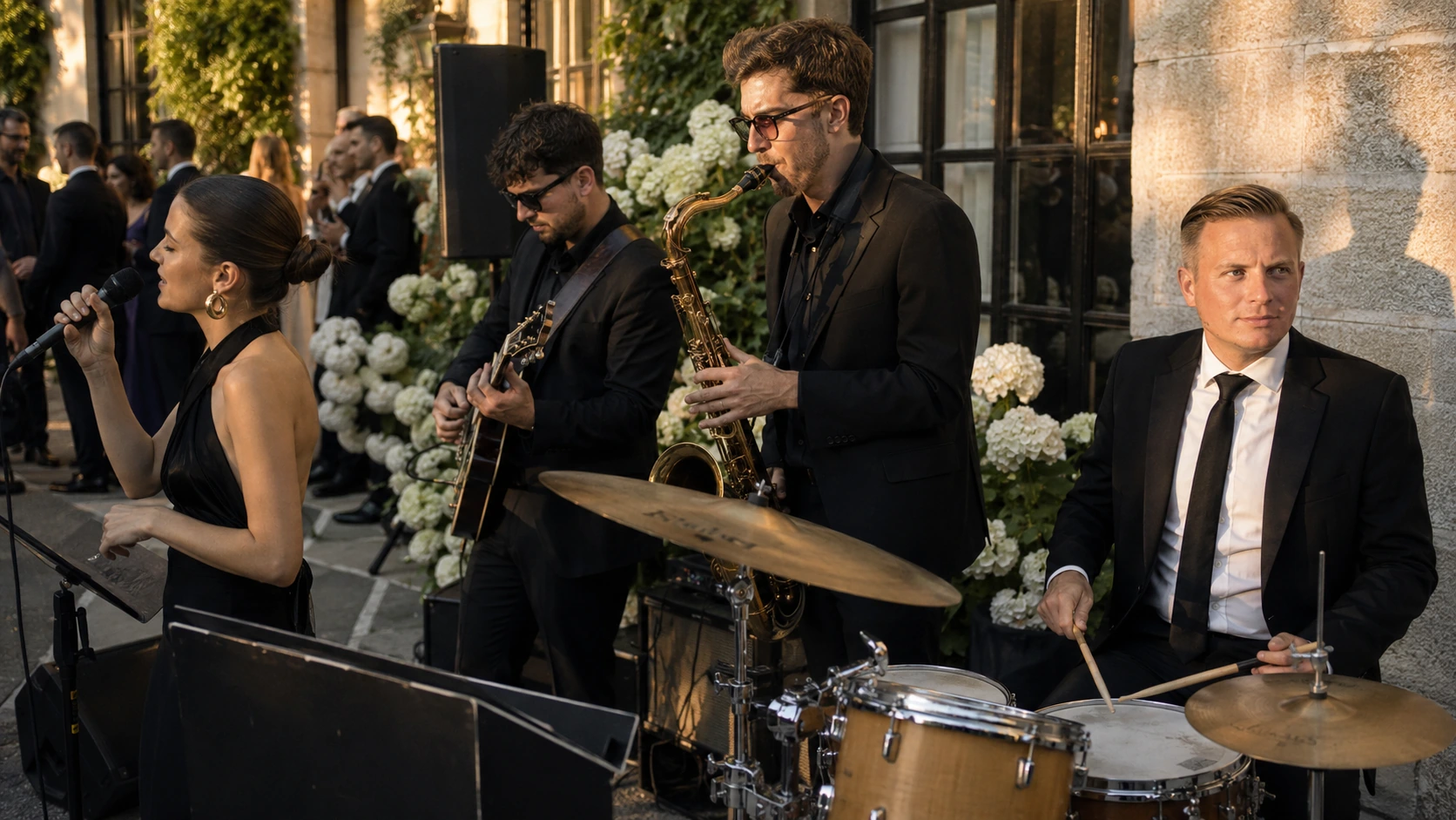 Symbolische Darstellung einer kleinen eleganten Liveband-Besetzung von The Jetset Society bei einem Outdoor-Empfang mit Saxophon
